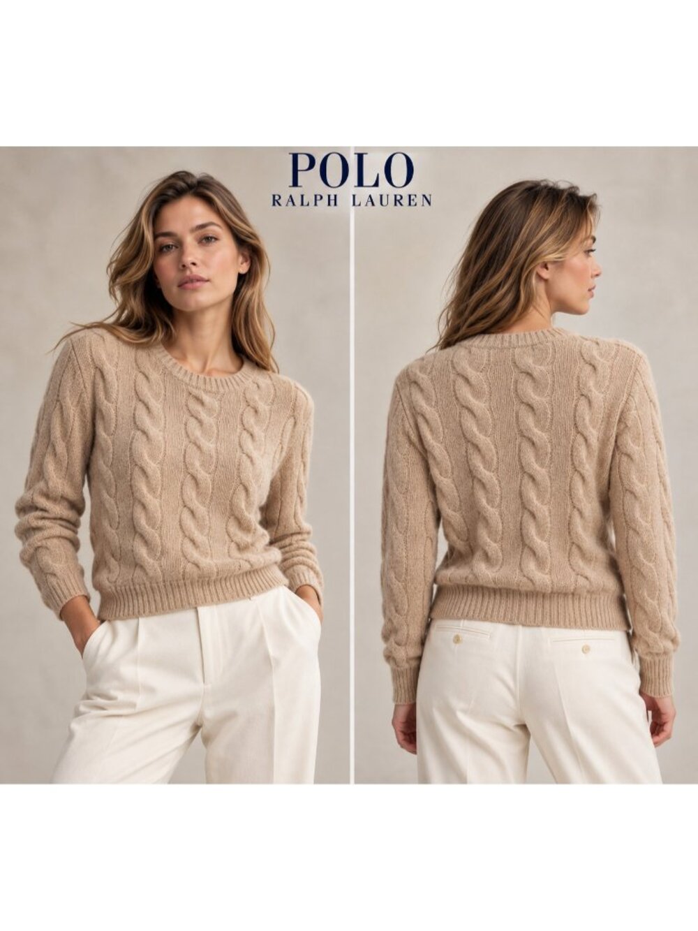 Polo Ralph Lauren 90% Wool Cable Knit Crewneck Sweater Beige M